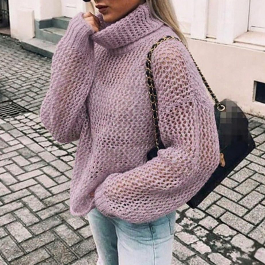 Women's Cardigan Oversized Chunky Knit Turtleneck Sweater - Purple