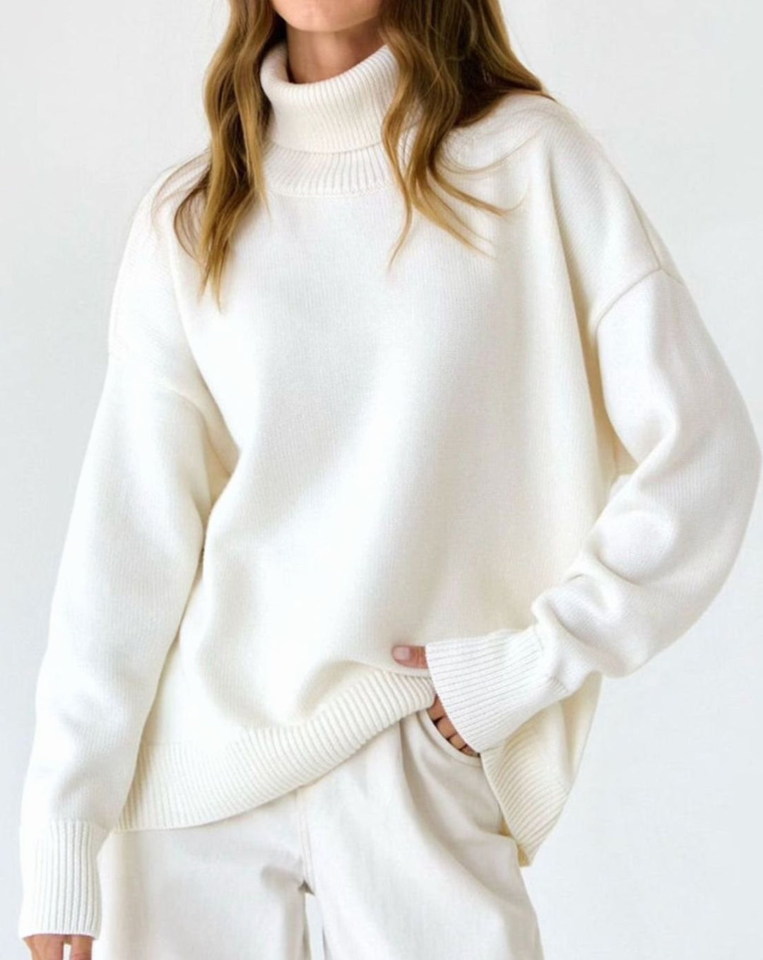 Women's Cardigan Oversized Turtleneck Ribbed Knit Pullover Sweater - White