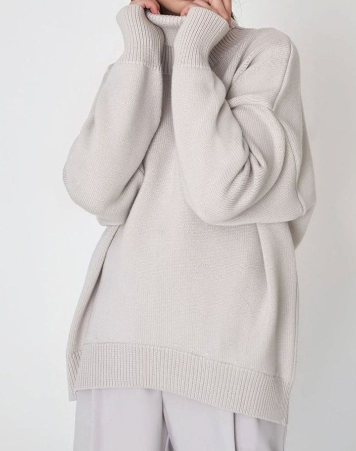 Women's Cardigan Oversized Turtleneck Ribbed Knit Pullover Sweater - Light Gray