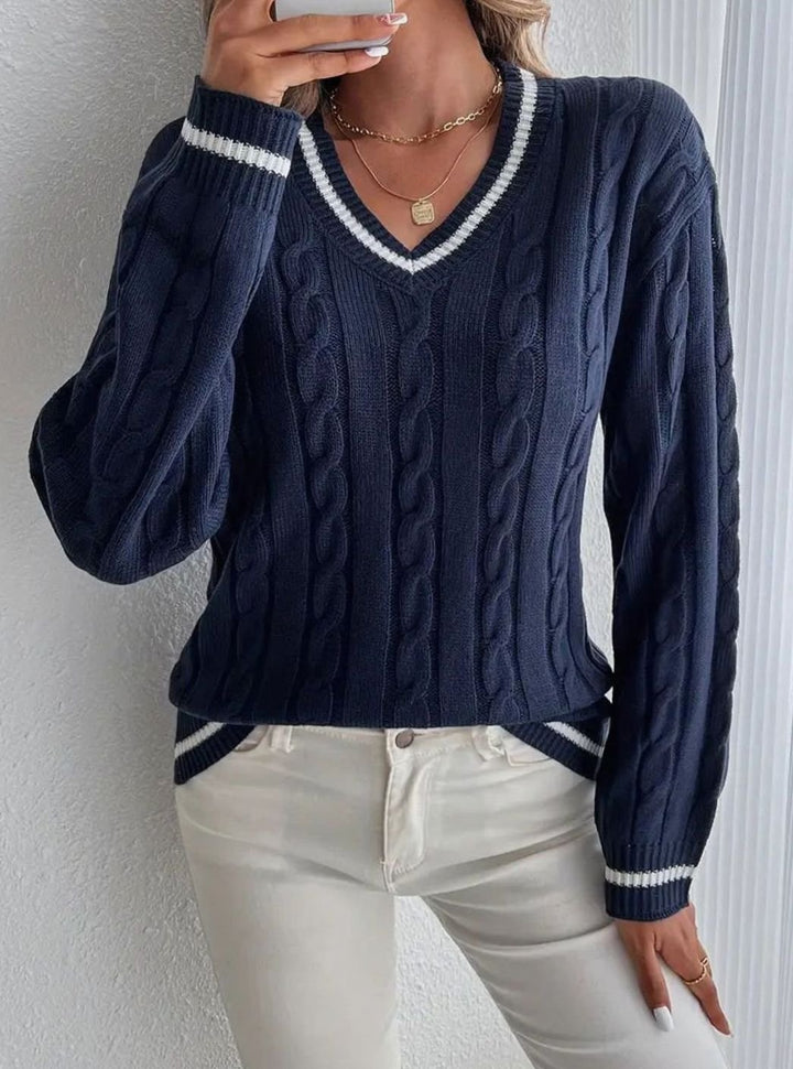 Women's Cardigan V-Neck Cable Knit Striped Trim Pullover Sweater - Navy Blue