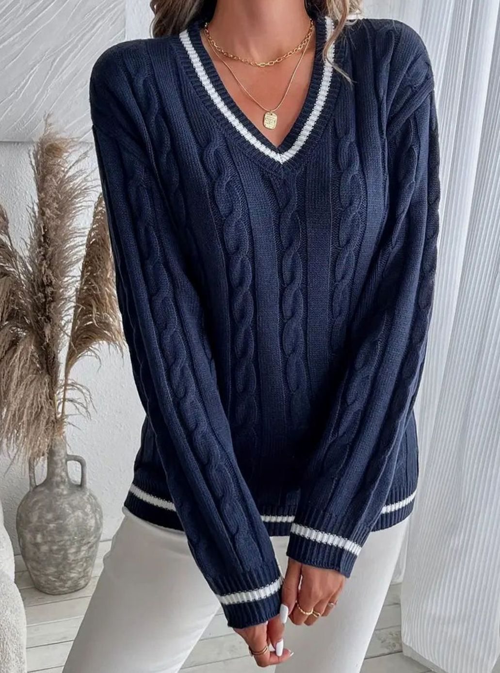 Women's Cardigan V-Neck Cable Knit Striped Trim Pullover Sweater