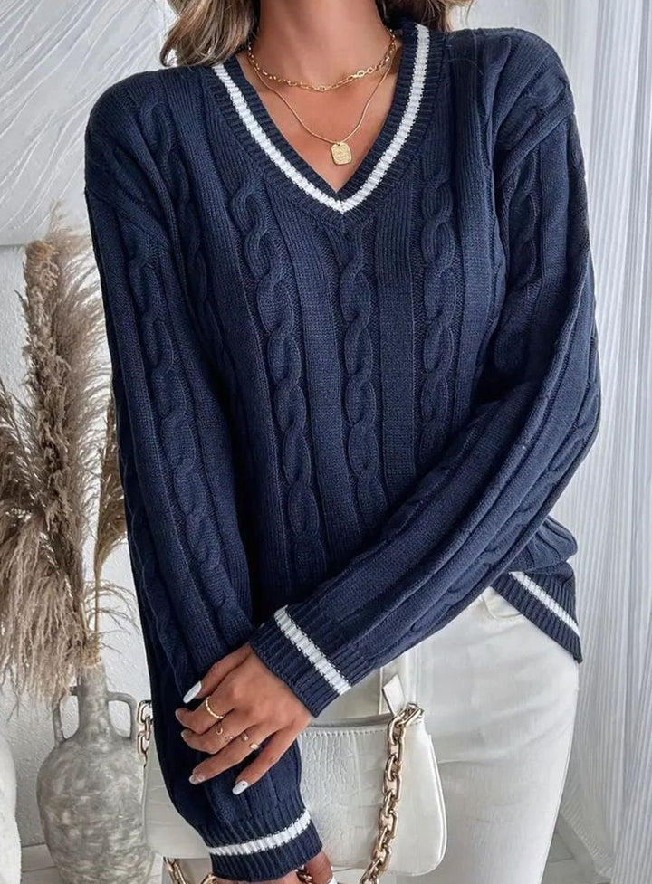 Women's Cardigan V-Neck Cable Knit Striped Trim Pullover Sweater