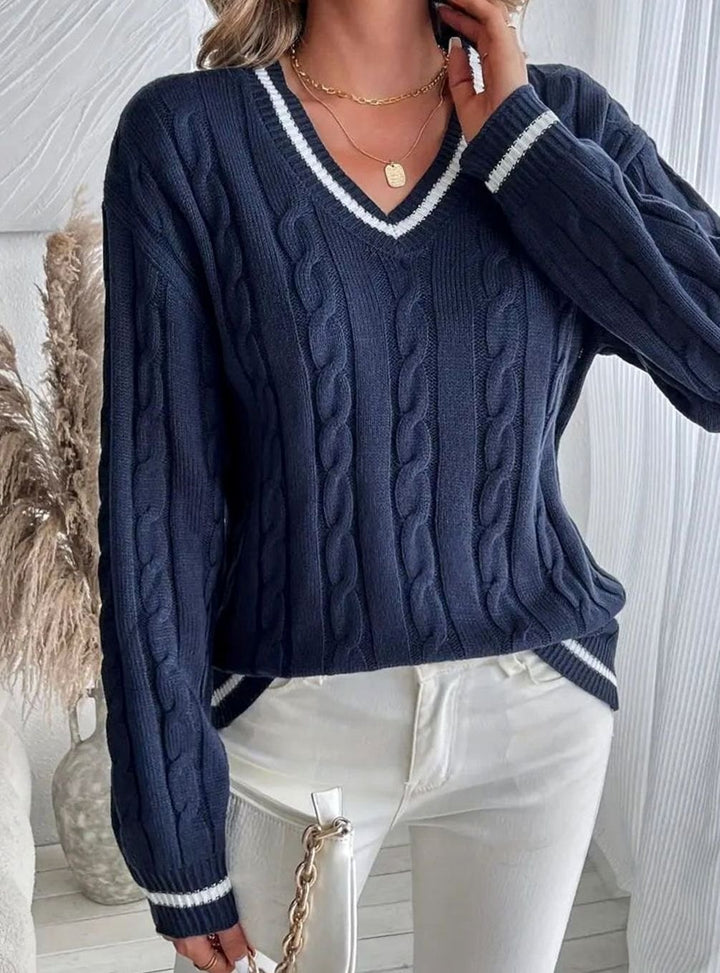 Women's Cardigan V-Neck Cable Knit Striped Trim Pullover Sweater