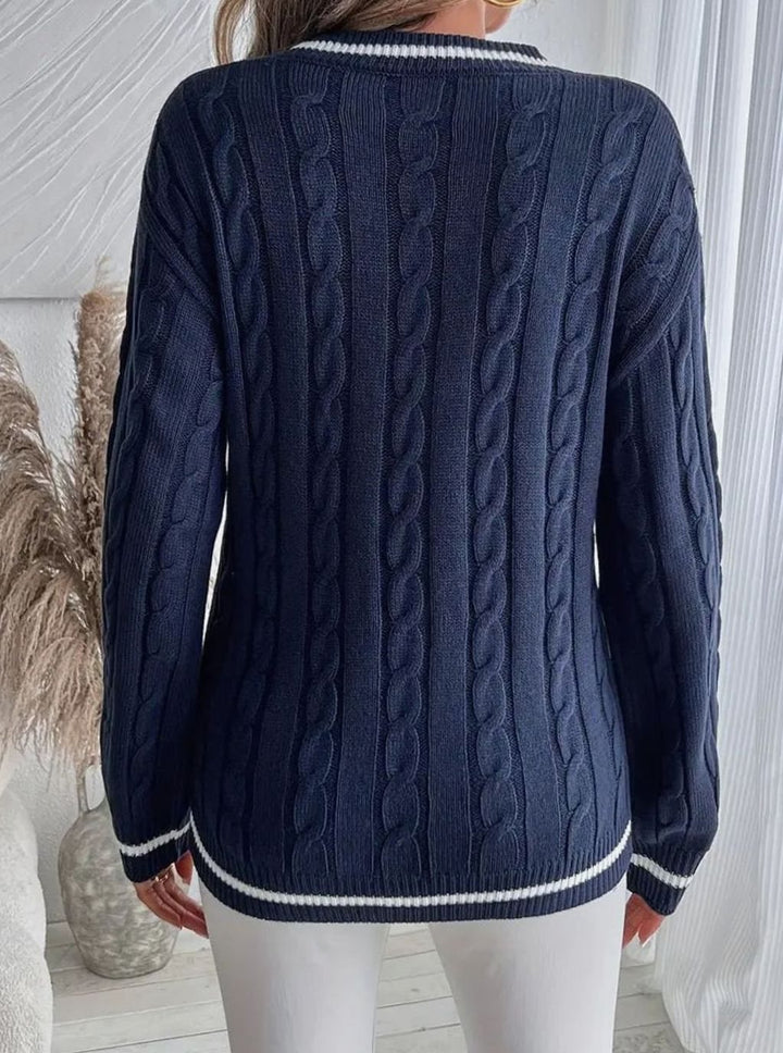 Women's Cardigan V-Neck Cable Knit Striped Trim Pullover Sweater
