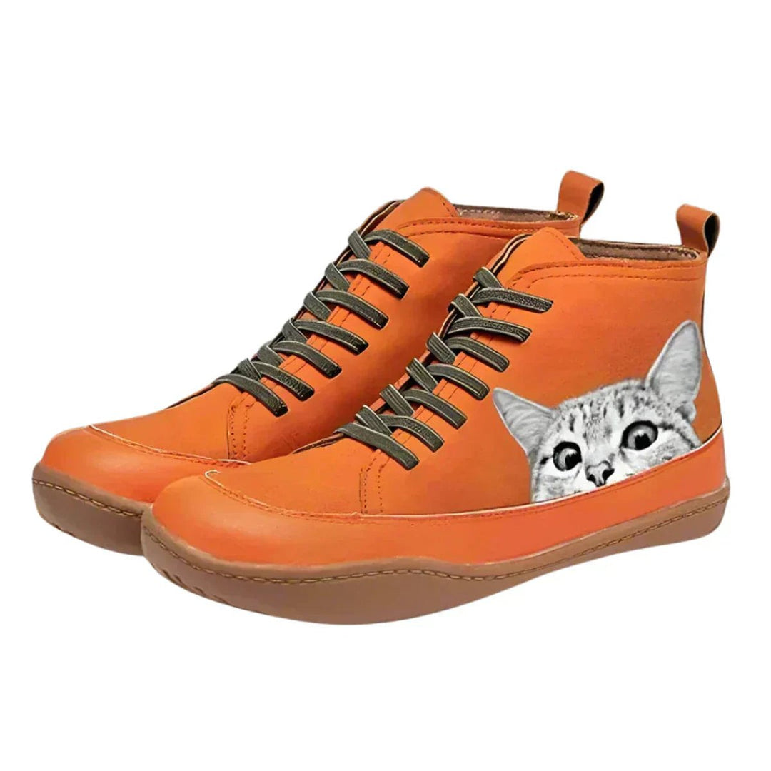 Women's Cat-Print Lace-Up Leather High-Top Ankle Boots - Orange