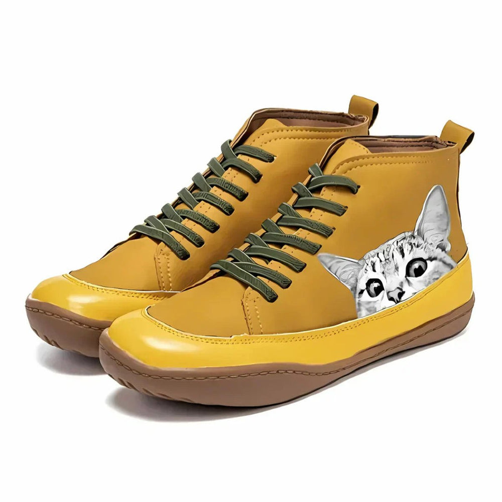Women's Cat-Print Lace-Up Leather High-Top Ankle Boots - Yellow