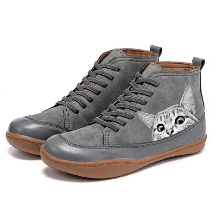 Women's Cat-Print Lace-Up Leather High-Top Ankle Boots - Grey