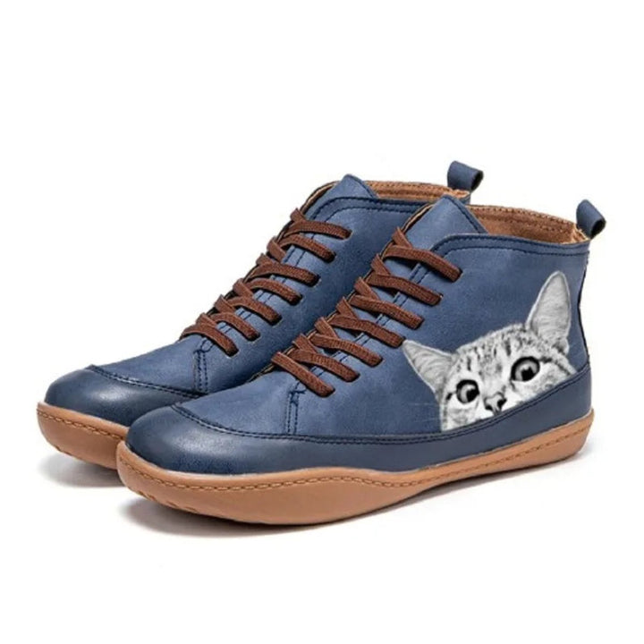 Women's Cat-Print Lace-Up Leather High-Top Ankle Boots - Blue