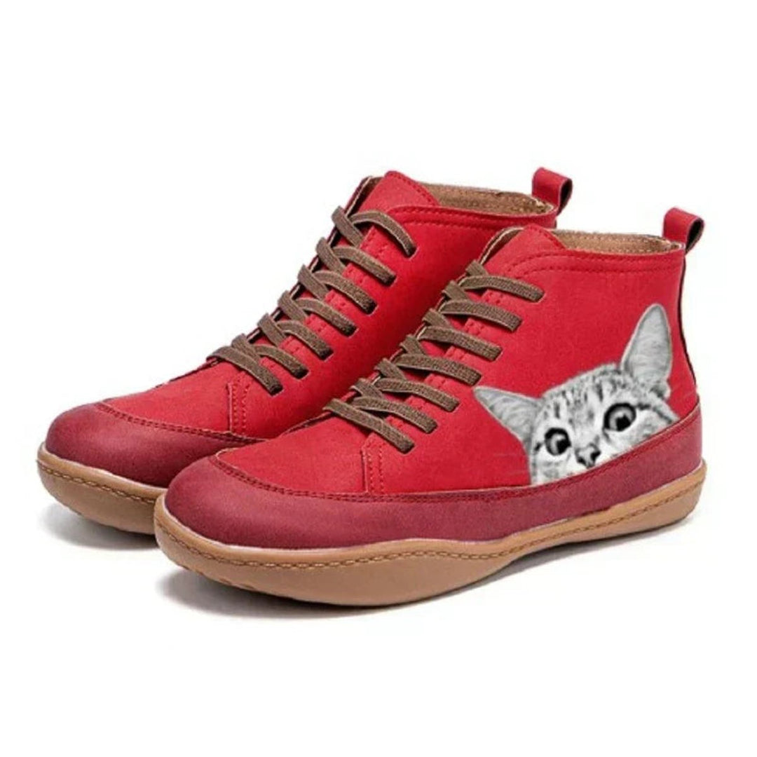Women's Cat-Print Lace-Up Leather High-Top Ankle Boots - Red