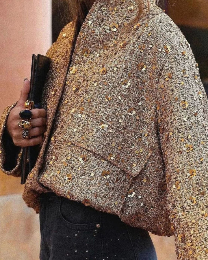 Women's Chic Sequin-Embellished Tweed Blazer Jacket - Gold