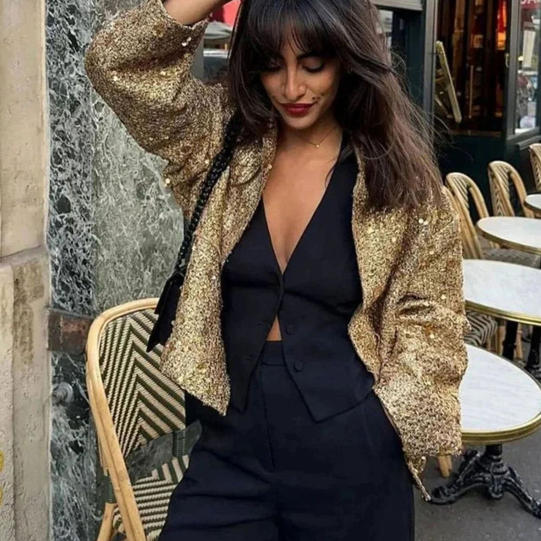 Women's Chic Sequin-Embellished Tweed Blazer Jacket