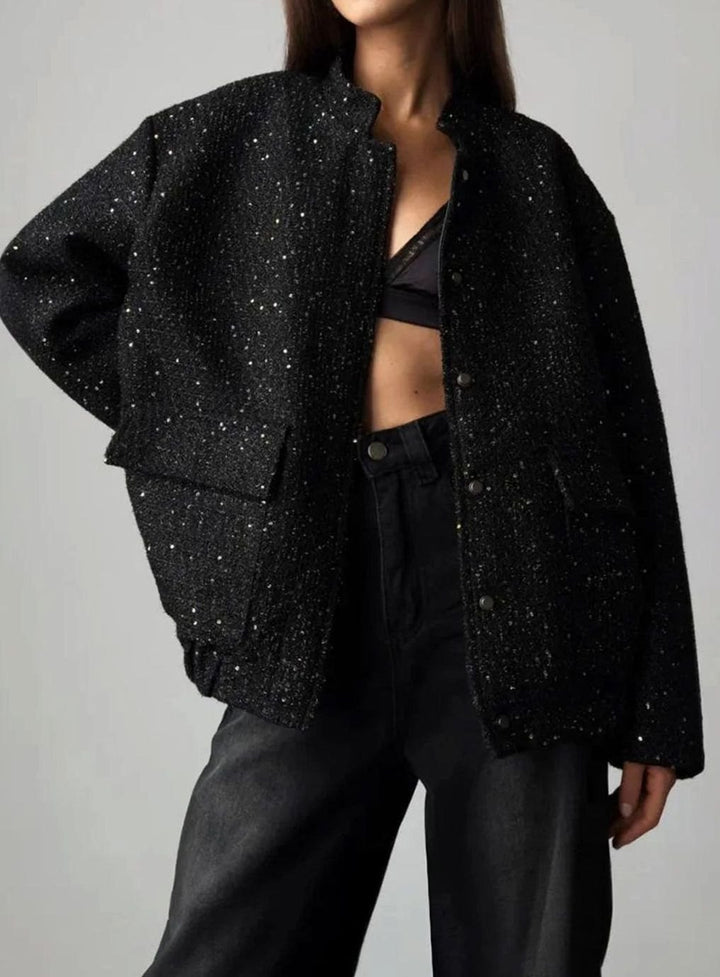 Women's Chic Sequin-Embellished Tweed Blazer Jacket - Black