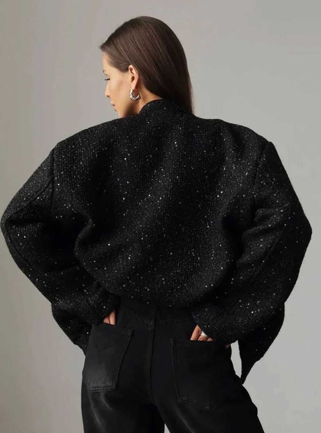 Women's Chic Sequin-Embellished Tweed Blazer Jacket