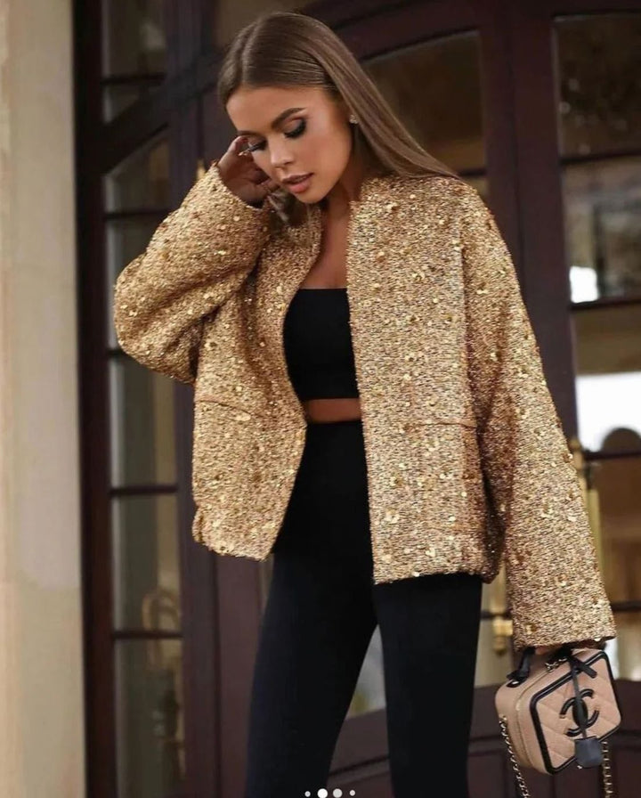 Women's Chic Sequin-Embellished Tweed Blazer Jacket