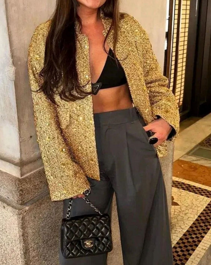 Women's Chic Sequin-Embellished Tweed Blazer Jacket