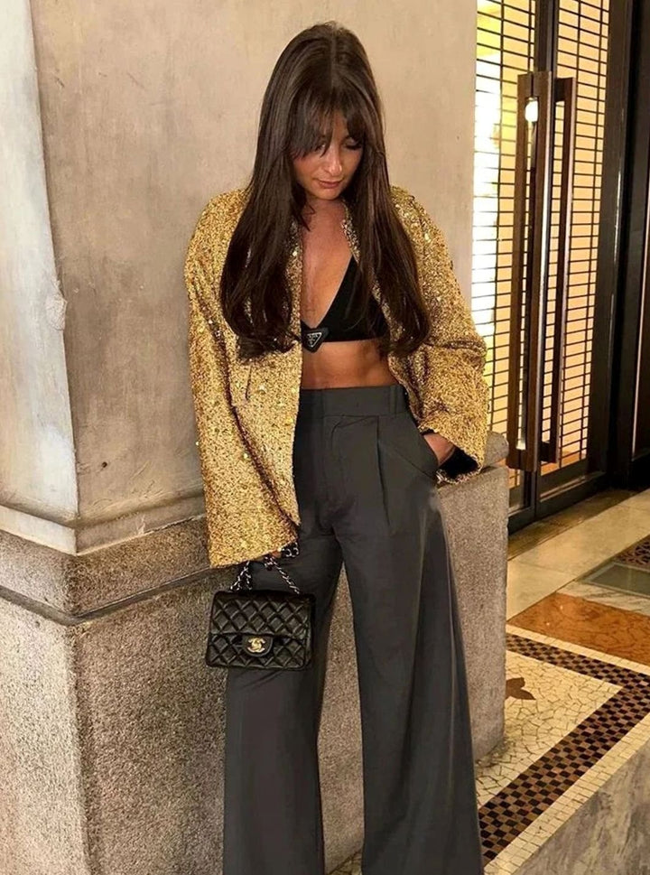 Women's Chic Sequin-Embellished Tweed Blazer Jacket