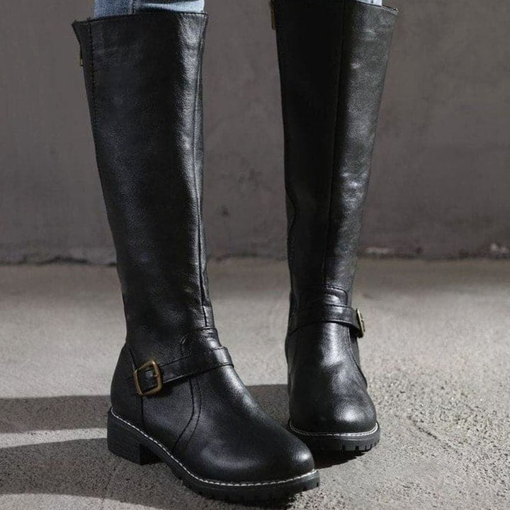 Women's Classic Buckle Side-Zip Knee-High Boots - Black