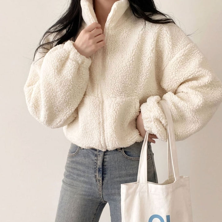Women's Coat Cropped Sherpa Fleece Zip-Up Teddy Jacket - Cream