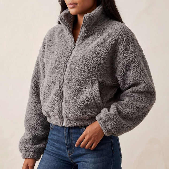 Women's Coat Cropped Sherpa Fleece Zip-Up Teddy Jacket - Grey