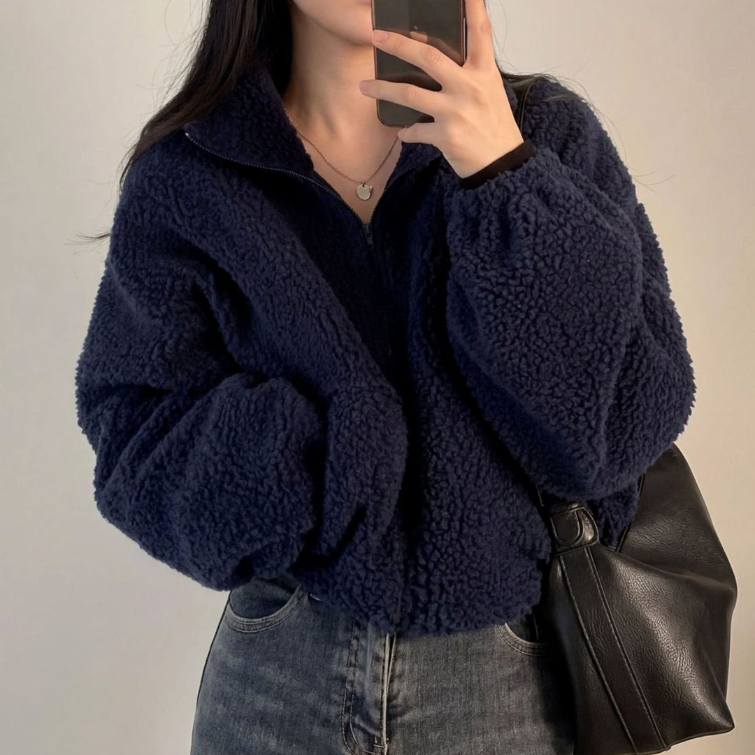 Women's Coat Cropped Sherpa Fleece Zip-Up Teddy Jacket - Blue