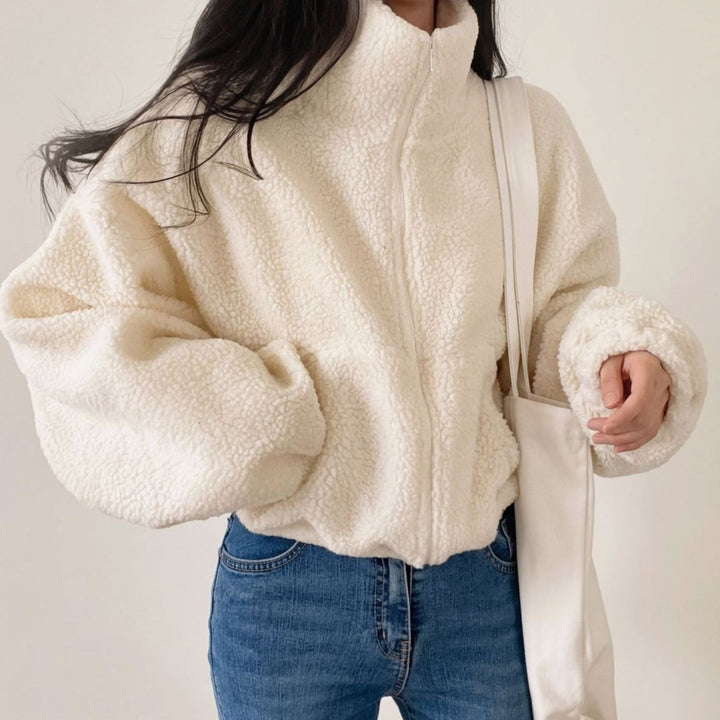 Women's Coat Cropped Sherpa Fleece Zip-Up Teddy Jacket