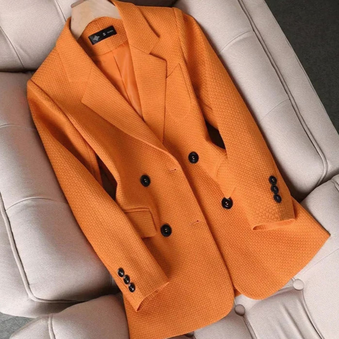 Women's Coat Double-Breasted Plaid Blazer Notched Lapel - Orange