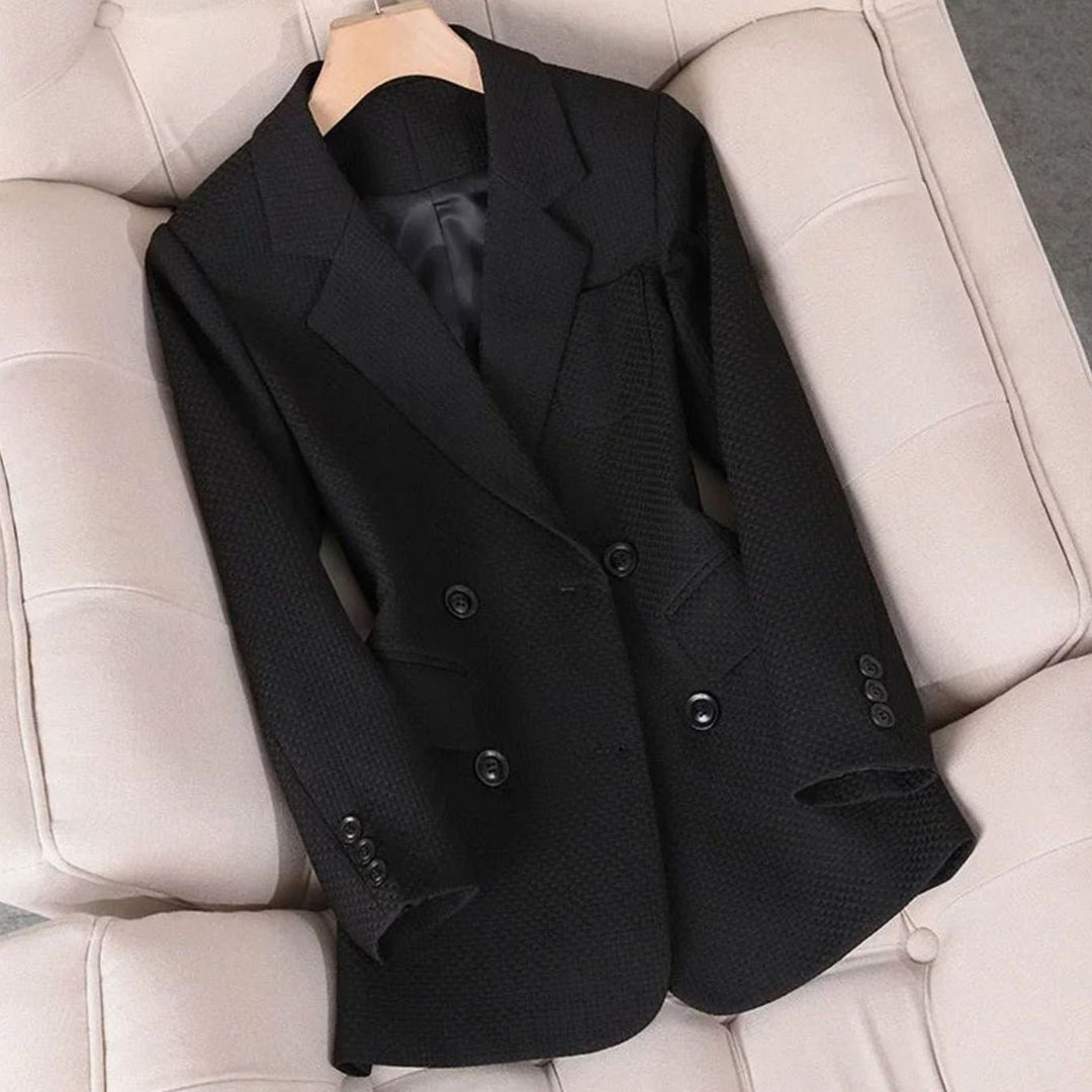 Women's Coat Double-Breasted Plaid Blazer Notched Lapel - Black