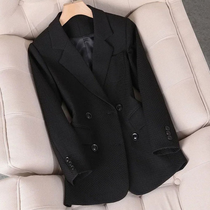 Women's Coat Double-Breasted Plaid Blazer Notched Lapel - Black