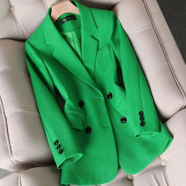 Women's Coat Double-Breasted Plaid Blazer Notched Lapel - Green