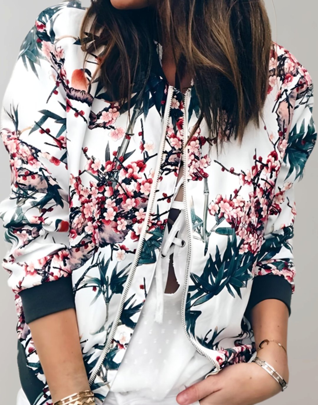 Women's Coat Floral Zip-Up Bomber Jacket - White