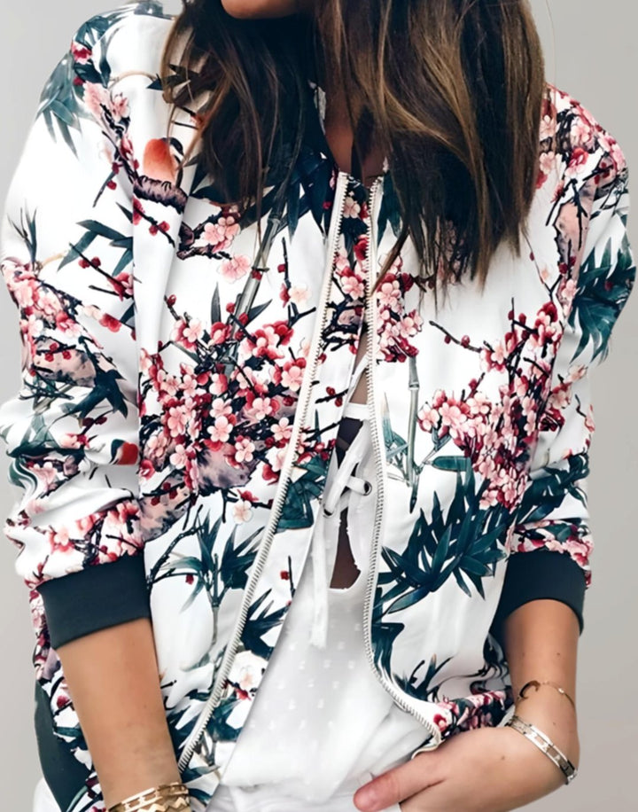 Women's Coat Floral Zip-Up Bomber Jacket - White