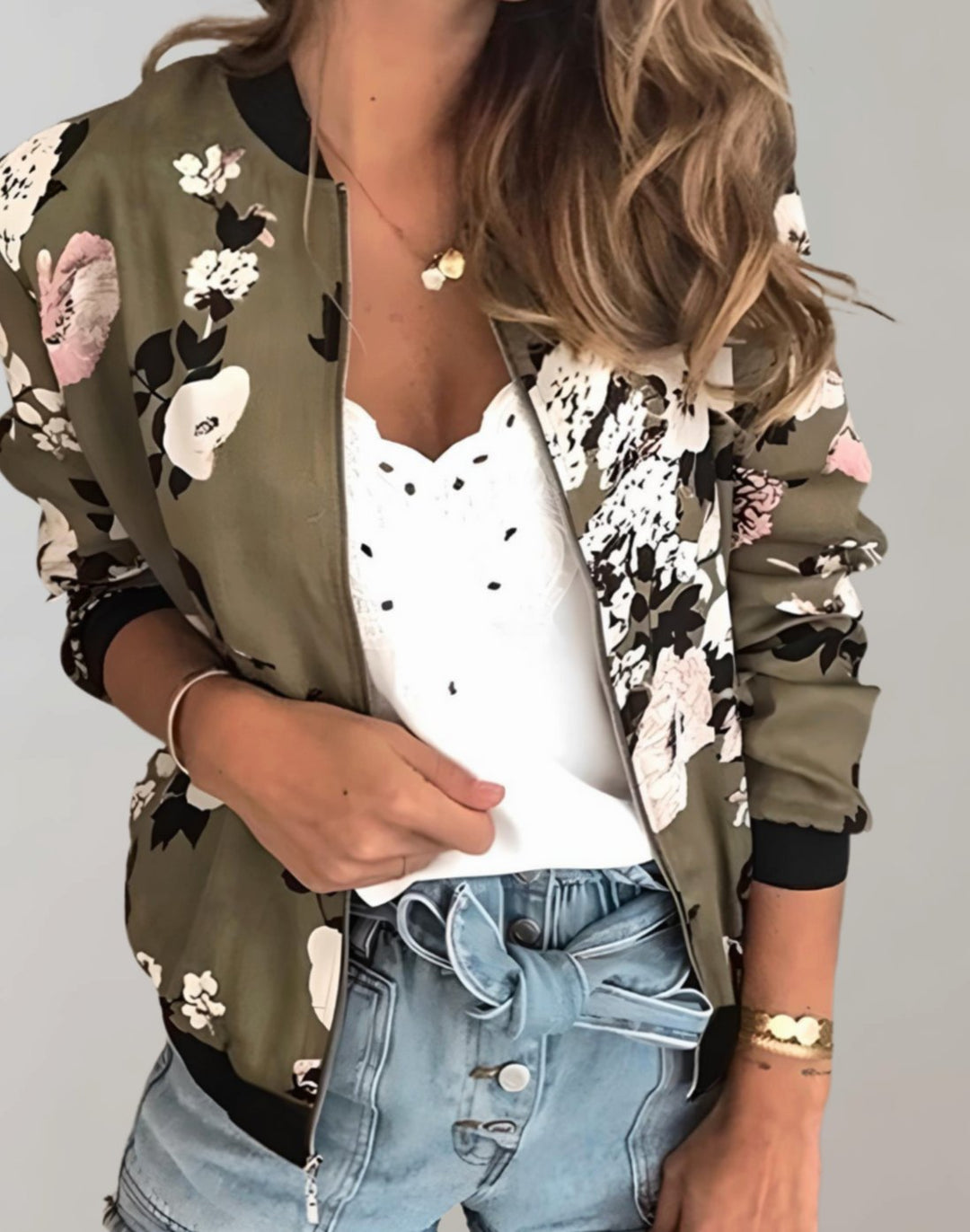 Women's Coat Floral Zip-Up Bomber Jacket - Army Green