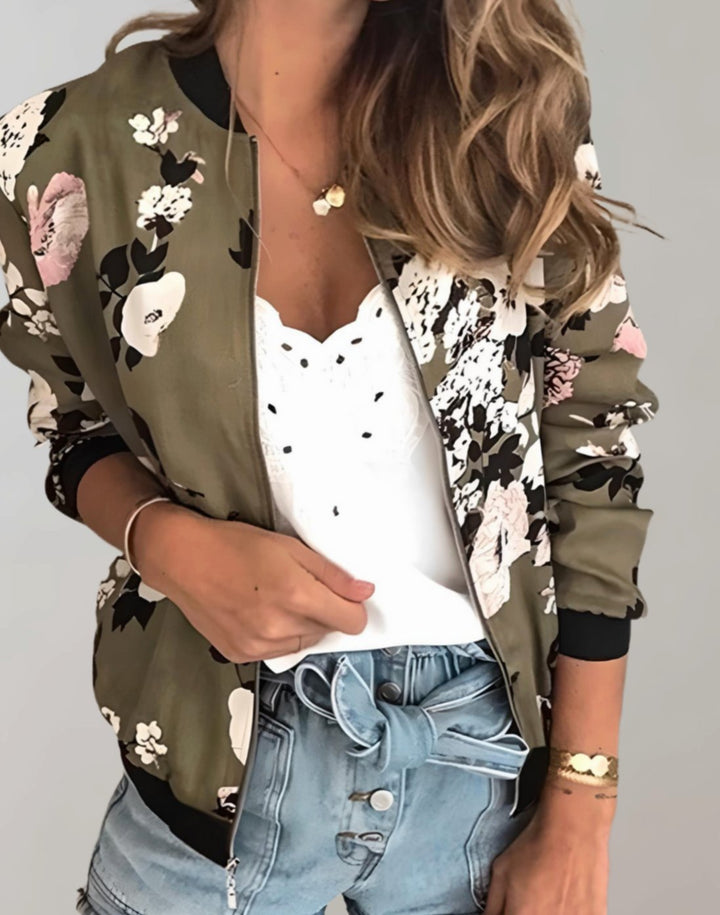 Women's Coat Floral Zip-Up Bomber Jacket - Army Green
