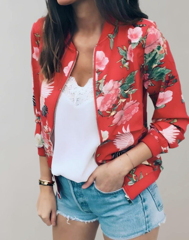 Women's Coat Floral Zip-Up Bomber Jacket - Red