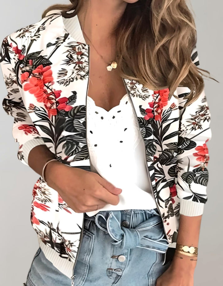Women's Coat Floral Zip-Up Bomber Jacket - White 2