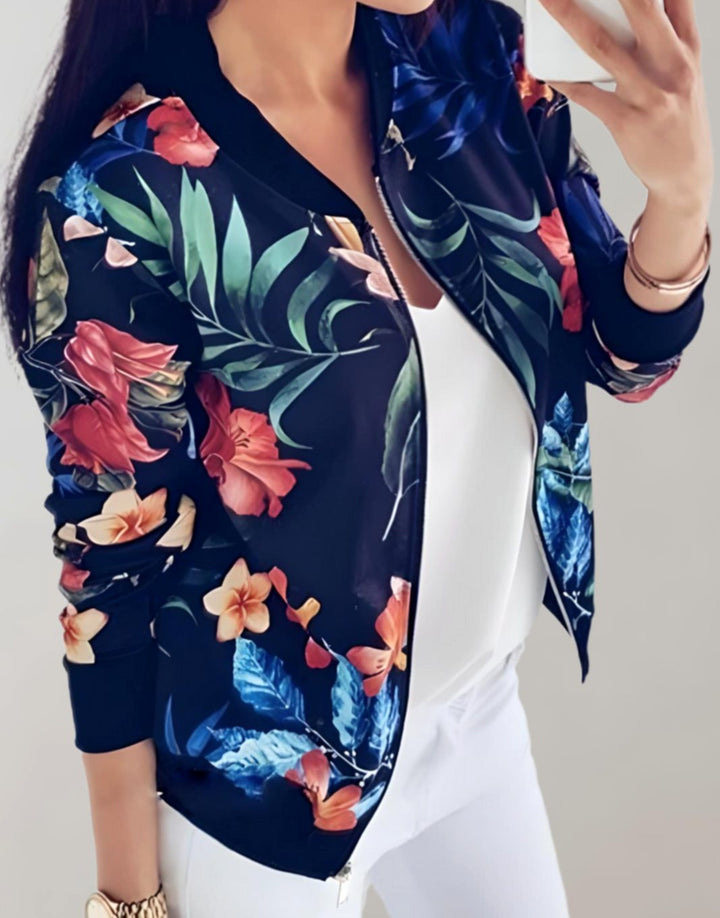Women's Coat Floral Zip-Up Bomber Jacket - Blue