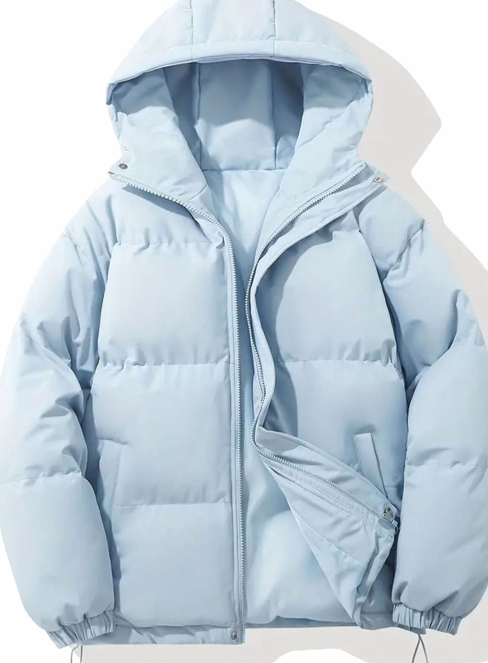 Women's Coat Quilted Hooded Puffer Zip-Up Winter Jacket - Light Blue