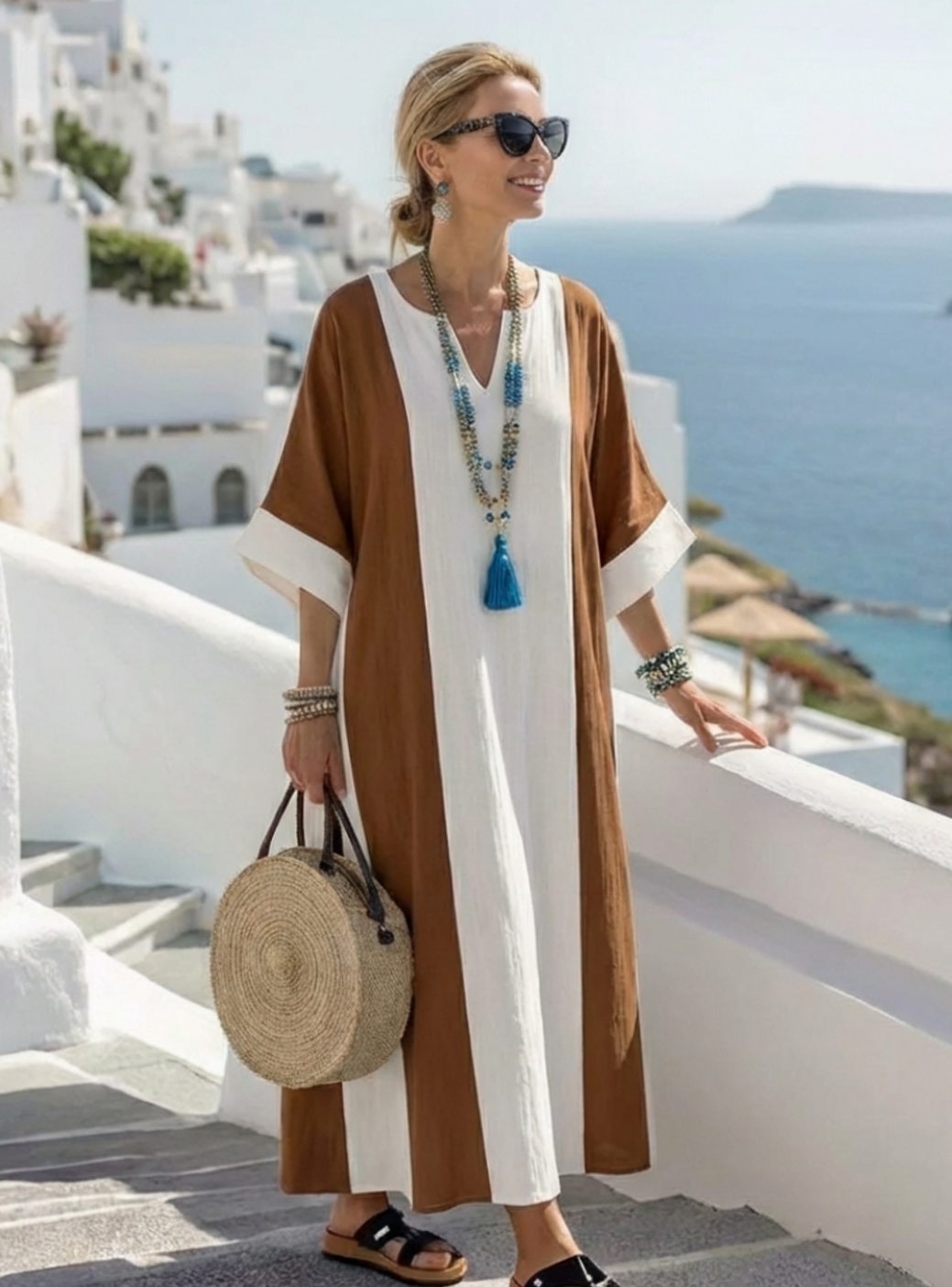 Women's Color Block Short Sleeve Relaxed Maxi Beach Dress - Brown