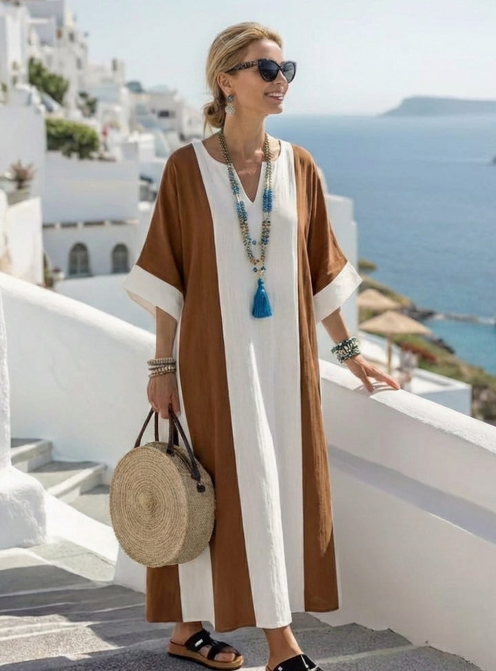 Women's Color Block Short Sleeve Relaxed Maxi Beach Dress - Brown
