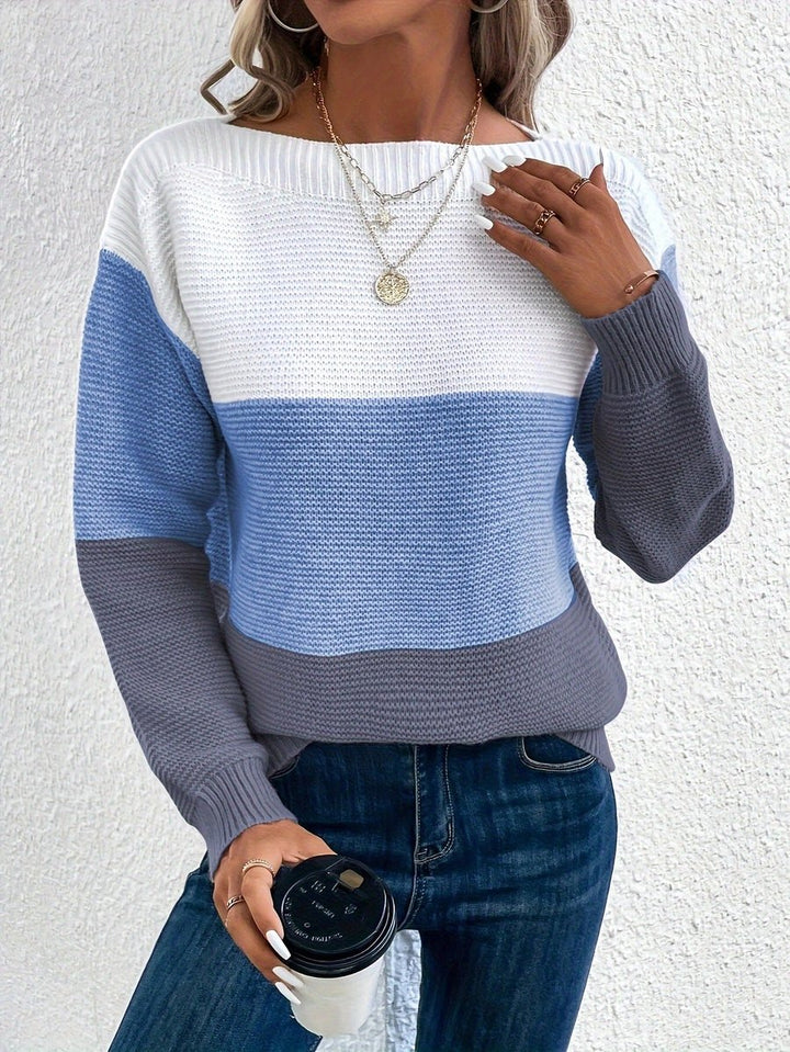 Women's Colour Block Relaxed-Fit Long Sleeve Knit Sweater - Blue