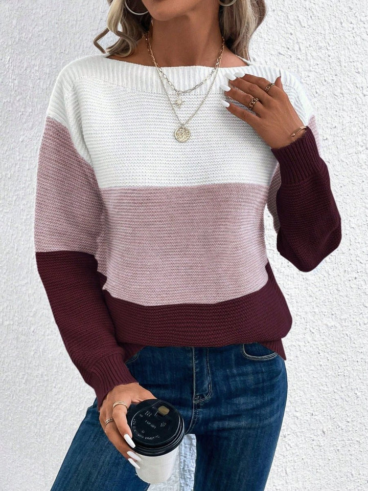 Women's Colour Block Relaxed-Fit Long Sleeve Knit Sweater - Burgundy