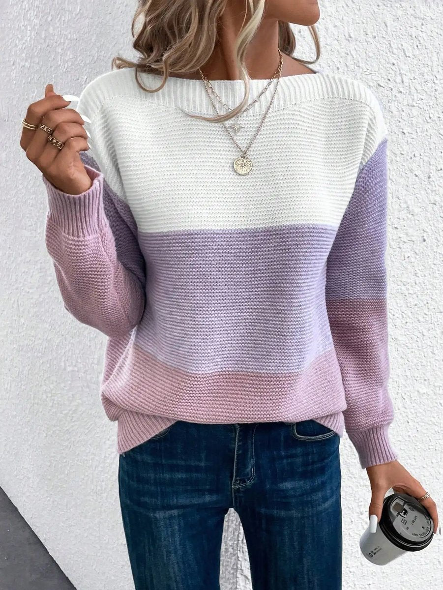 Women's Colour Block Relaxed-Fit Long Sleeve Knit Sweater - Purple