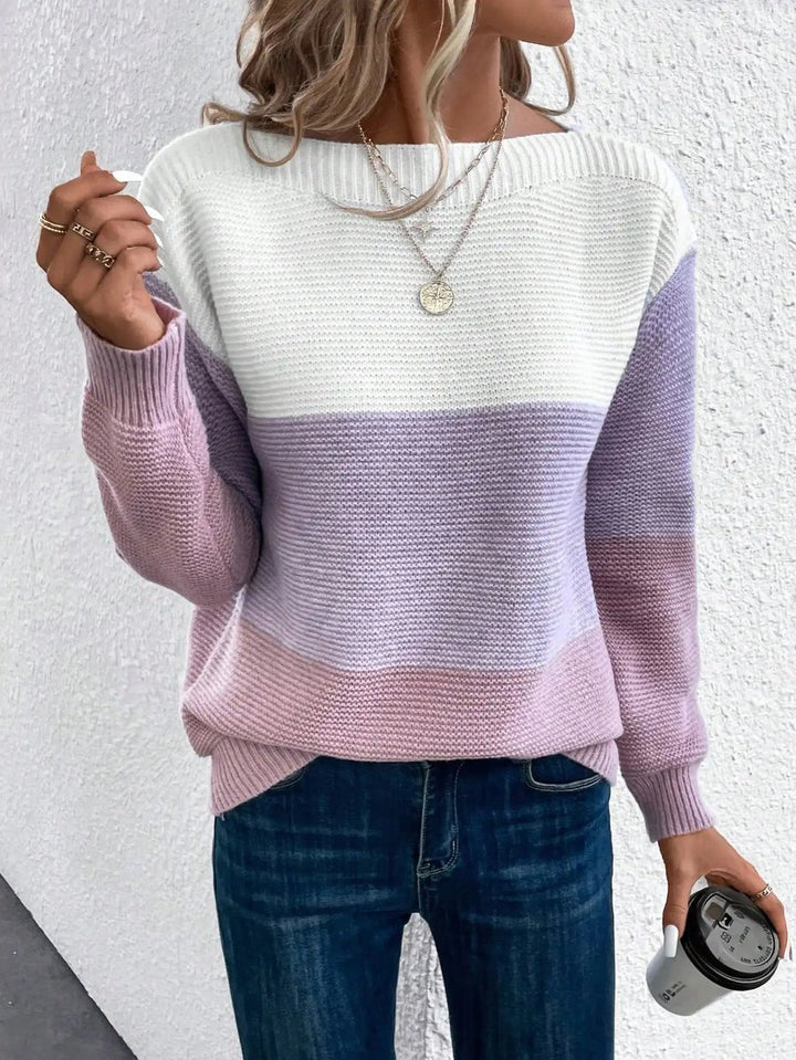 Women's Colour Block Relaxed-Fit Long Sleeve Knit Sweater - Purple