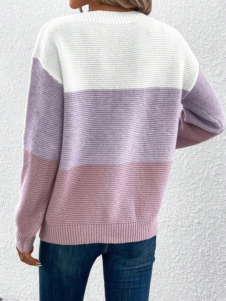 Women's Colour Block Relaxed-Fit Long Sleeve Knit Sweater