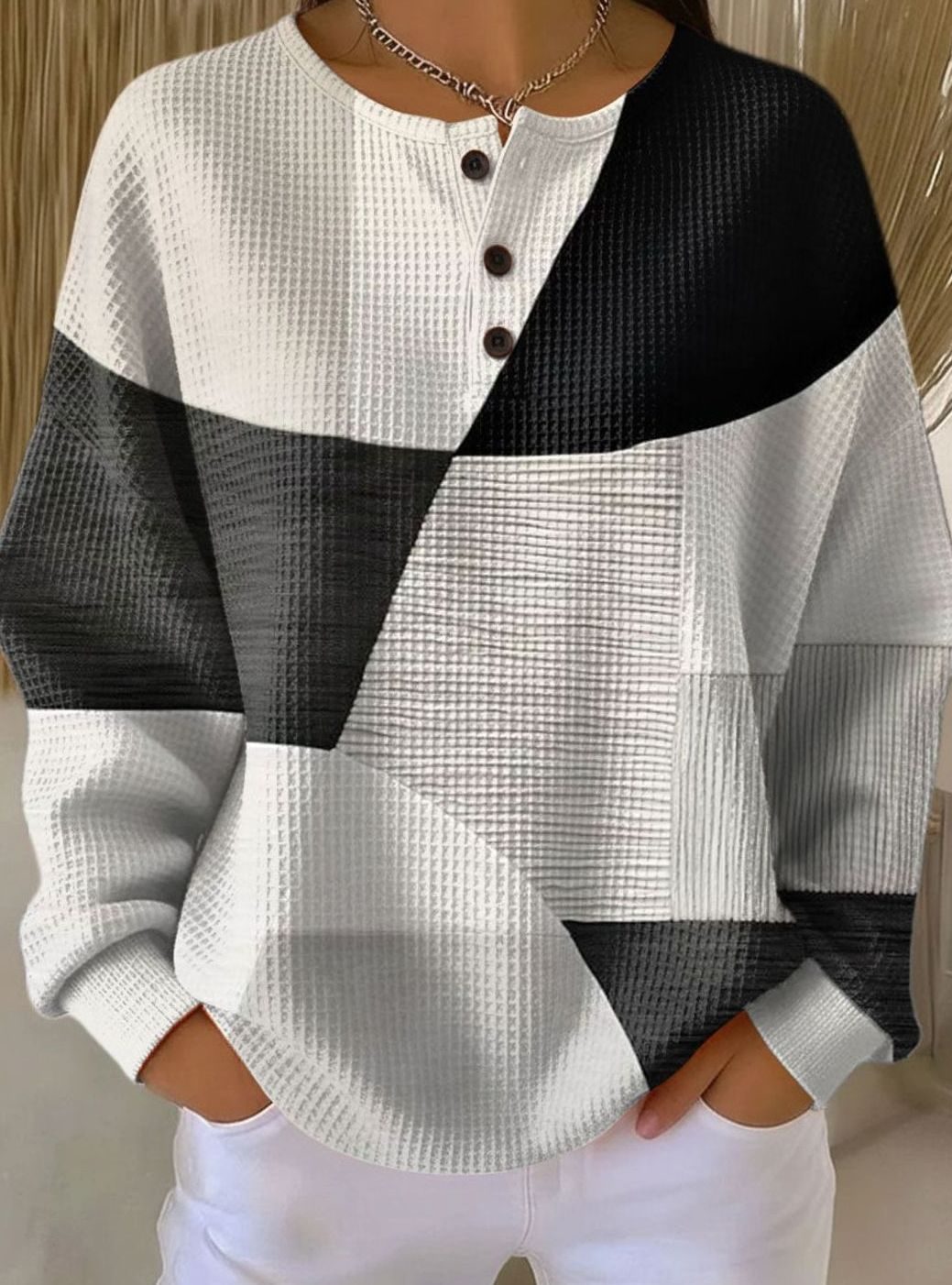 Women's Colourblock Waffle-Knit Henley Pullover Sweater - Multi-Coloured