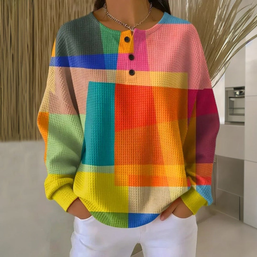 Women's Colourblock Waffle-Knit Long Sleeve Pullover Sweater - Multicolour