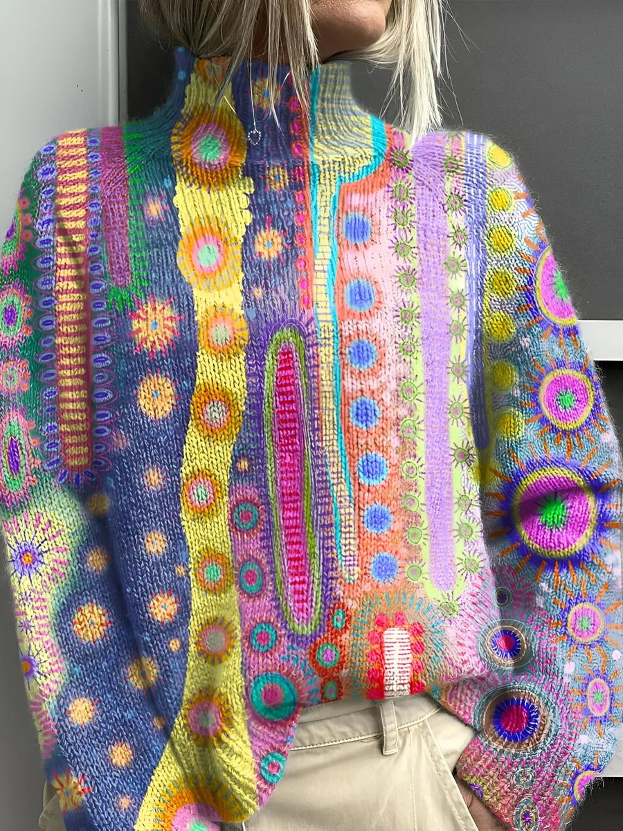 Women's Colourful Abstract Knit Turtleneck Sweater