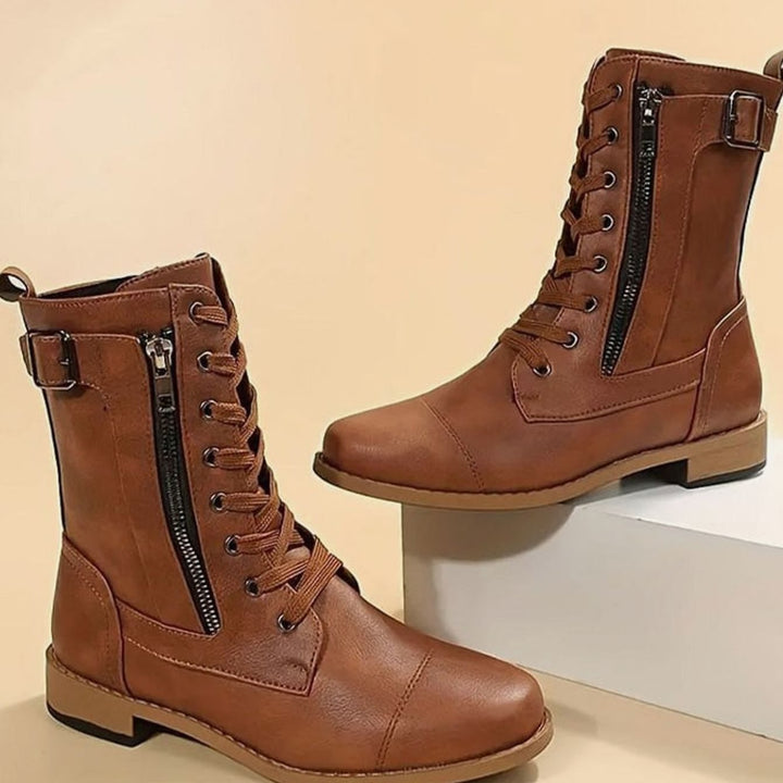 Women's Combat Lace-Up Side-Zip Ankle Boots Buckle Detail
