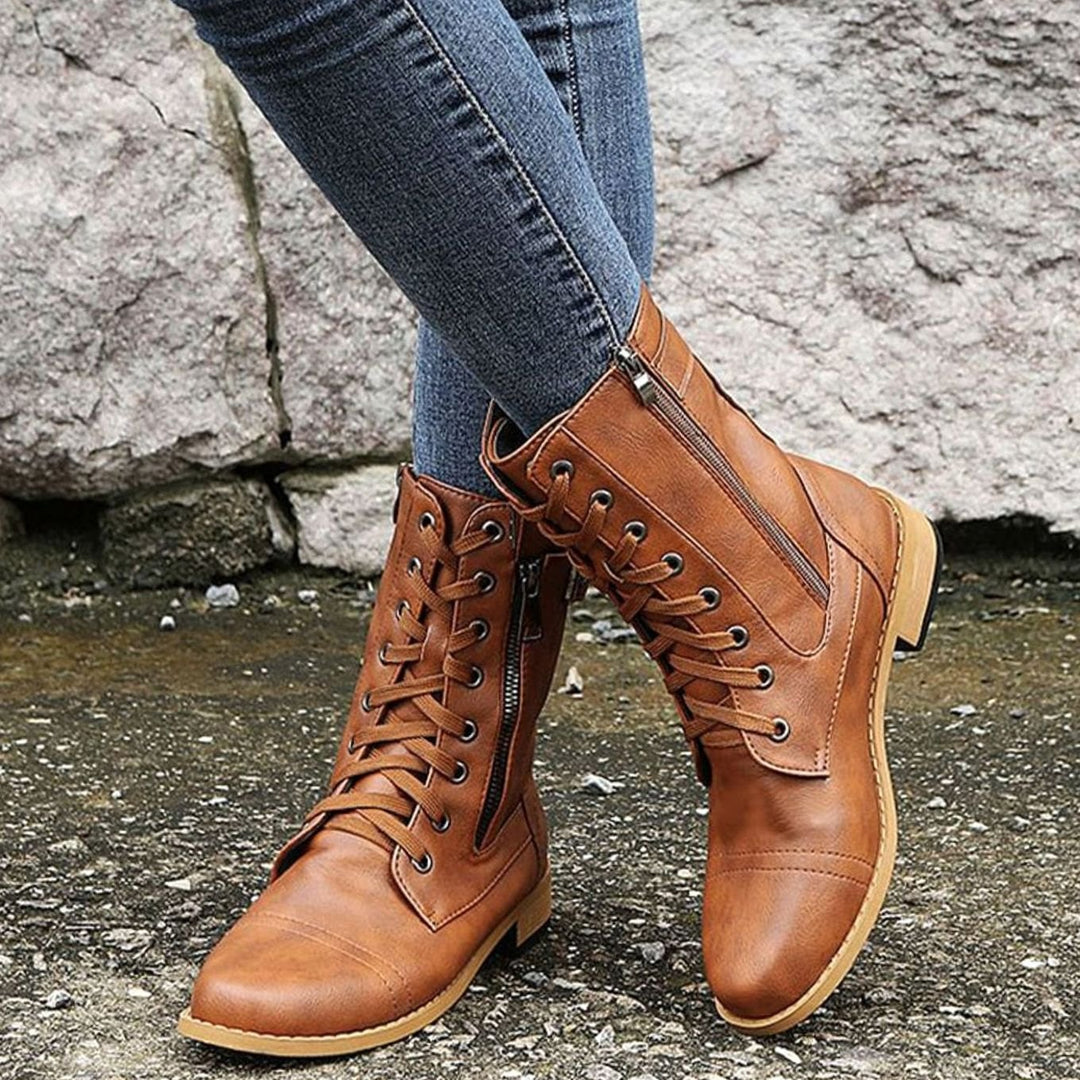 Women's Combat Lace-Up Side-Zip Ankle Boots Buckle Detail