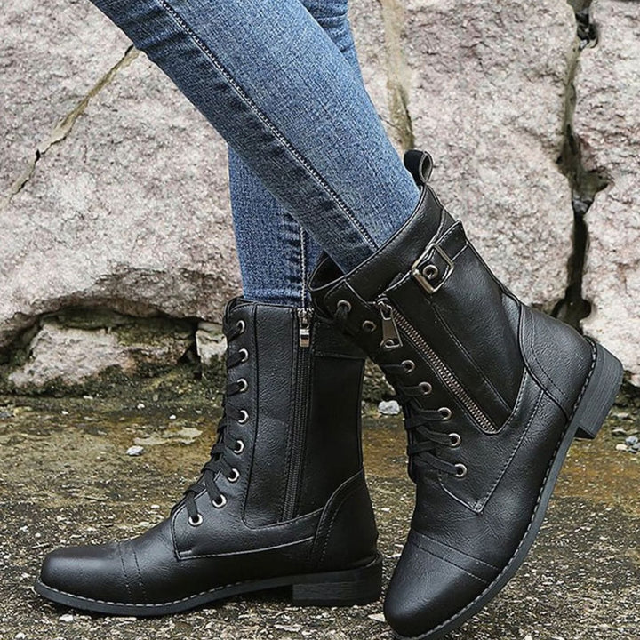 Women's Combat Lace-Up Side-Zip Ankle Boots Buckle Detail